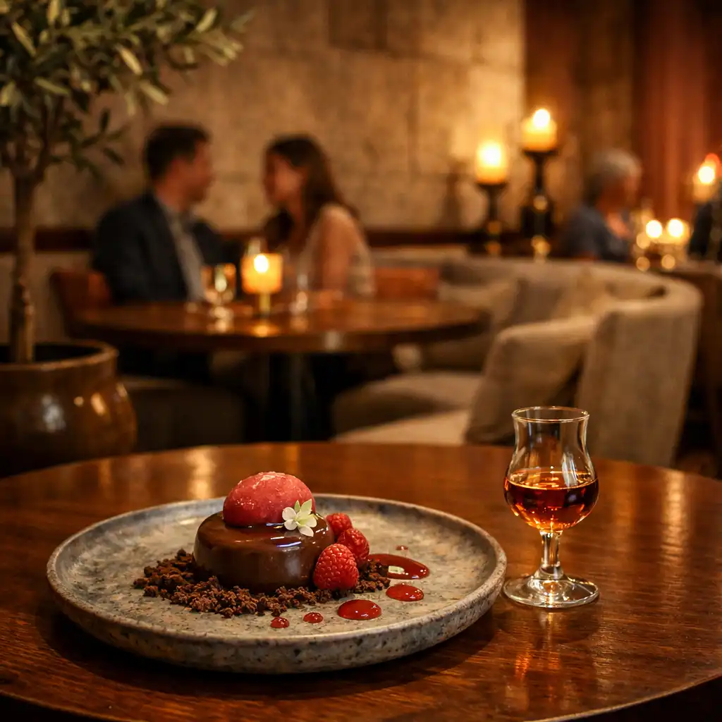 Desszert és késő esti ital egy meleg fényű lounge asztalán